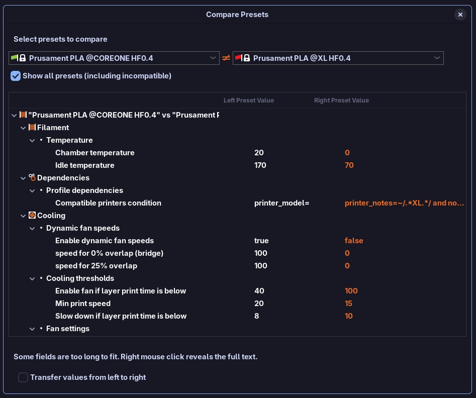 PLA — identical bed temperature for Core One and Core One L